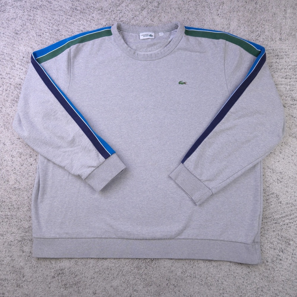Lacoste Sport Sweatshirt Mens 3XL Gray Crew Neck Striped Croc Logo FA13015
